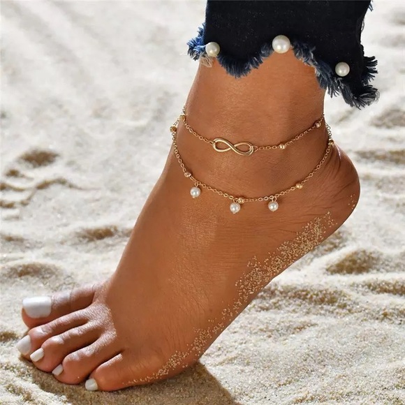 Boho Double Strand Infinity Anklet Set with Pearls - Picture 7 of 13